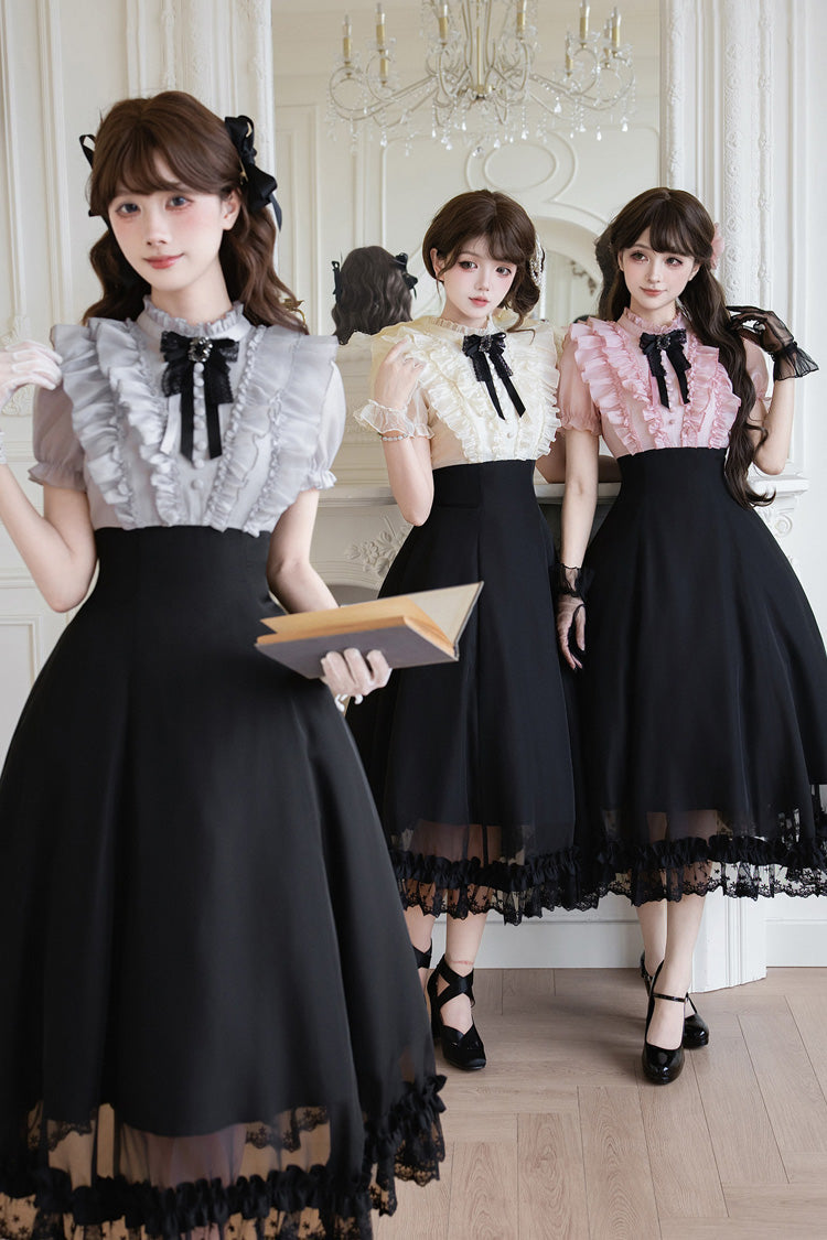 Miss Lola Snow Kiss Stand Collar Short Puff Sleeves Ruffled Color-Blocked Faux Two-Piece Sweet Lolita Long Dress 3 Colors - Black