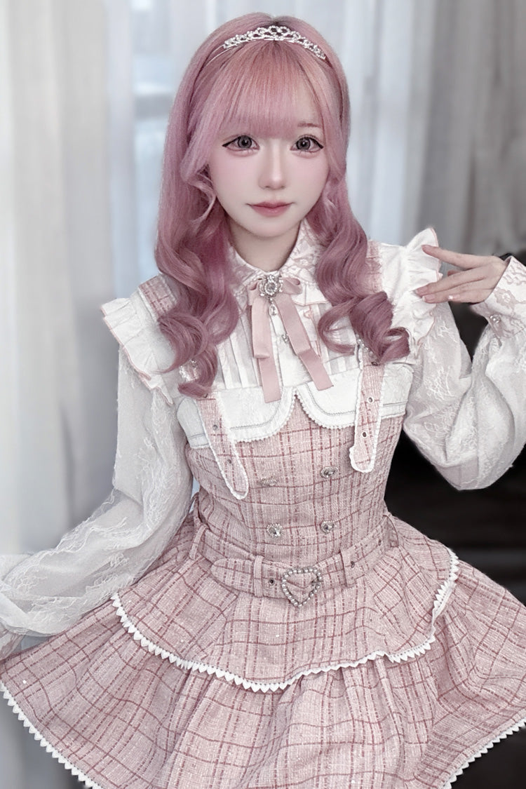 Pink Plaid Pearl-Adorned Sweet Jirai Kei Strap Dress Set