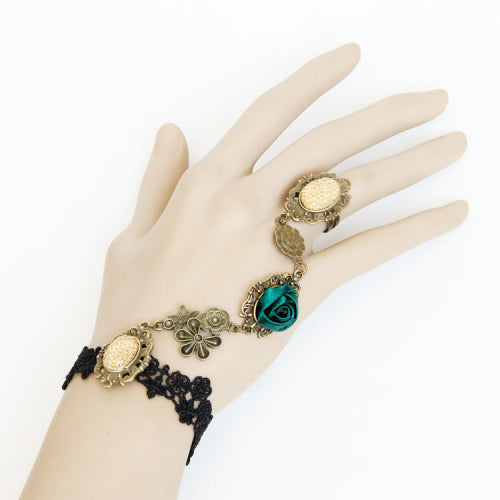 Jade Retro Black Lace Lolita Ring and Bracelet Set with Rose Motif