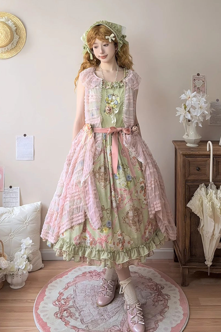 Green Sleeveless Print Ruffle Bowknot Sweet JSK Dress