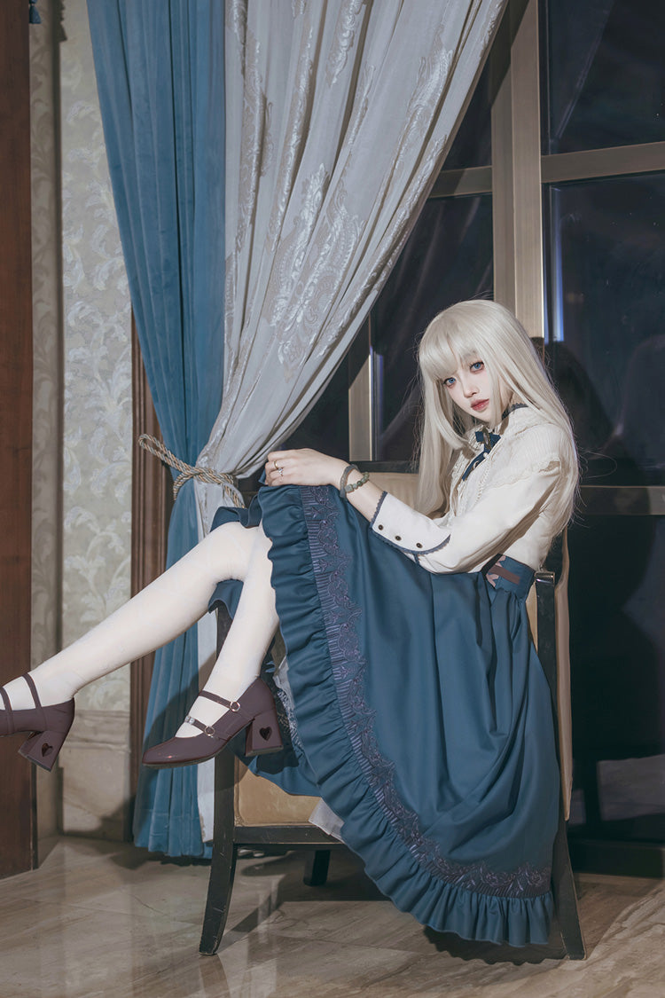 Sapphire Lace-Up Embroidered Sweet Elegant Lolita Skirt with Ruffle
