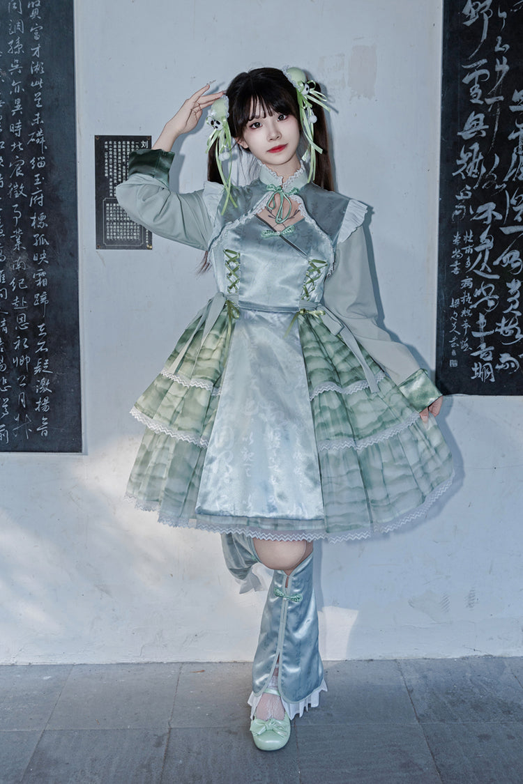 Cheongsam Ink Print Multilayer Bow Sweet Chinese Lolita Jumper Dress 2 Colors