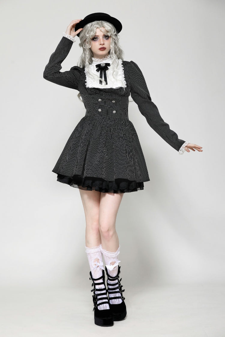 Black/White Striped Lace-Up Gothic Dress with Bow