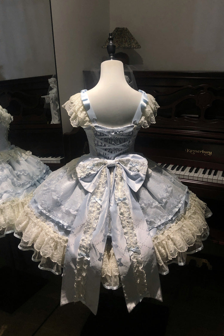 Dreaming Butterfly Blue Multi-Layered Jacquard Ruffle Bowknot Lace Sweet Princess JSK Dress