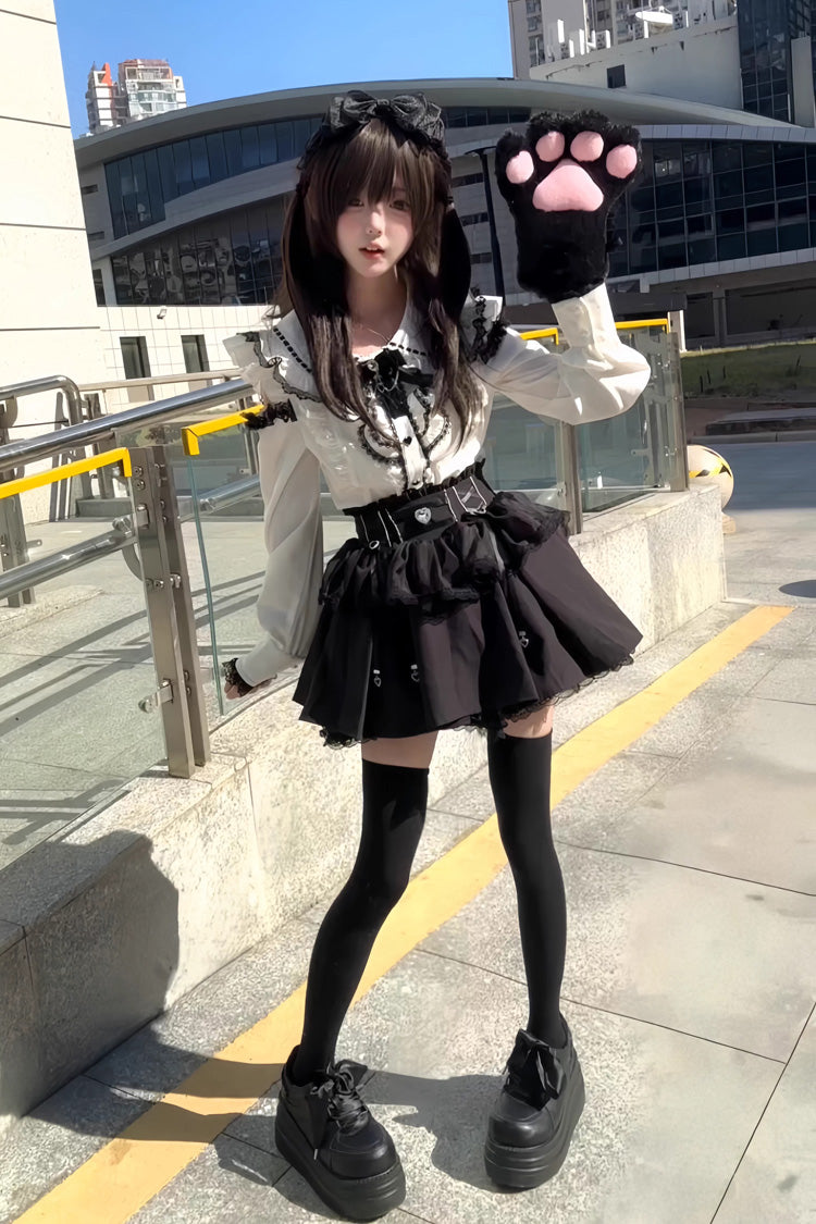 Monochrome Doll-Collar Ruffle Bow Sweet Jirai Kei Skirt Set