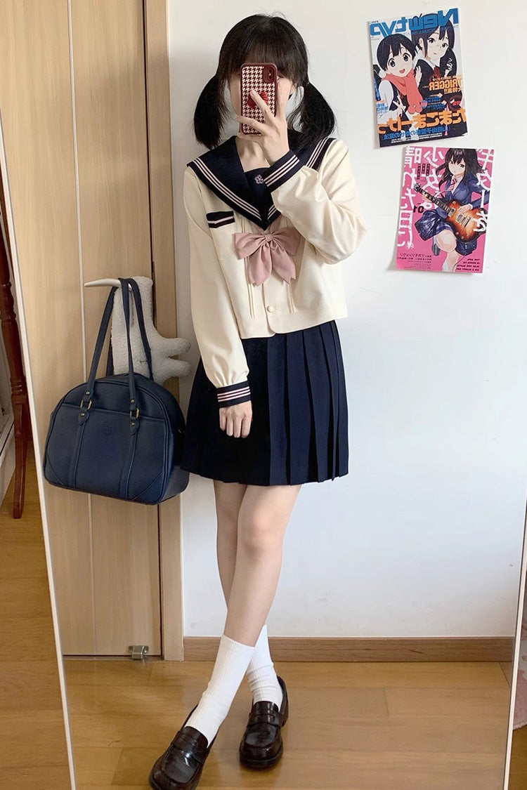Navy/Ivory Sailor-Collar Long-Sleeve Sweet Japanese School Skirt Set
