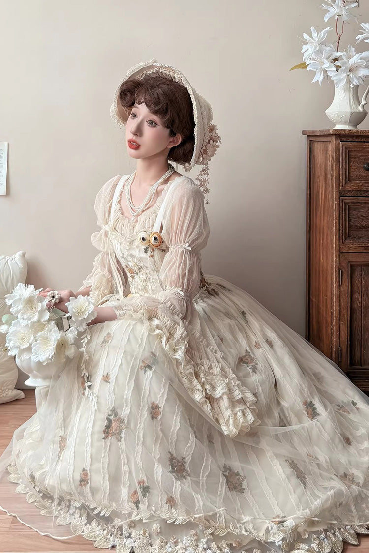 Charming Apricot Embroidered Lace Print Sweet Lolita JSK Dress