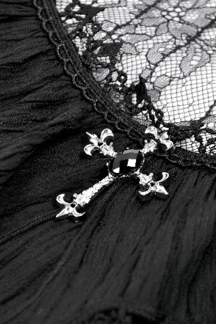 Cross Ruffled Short Sleeve Gothic Graduation Dress for Women Lace