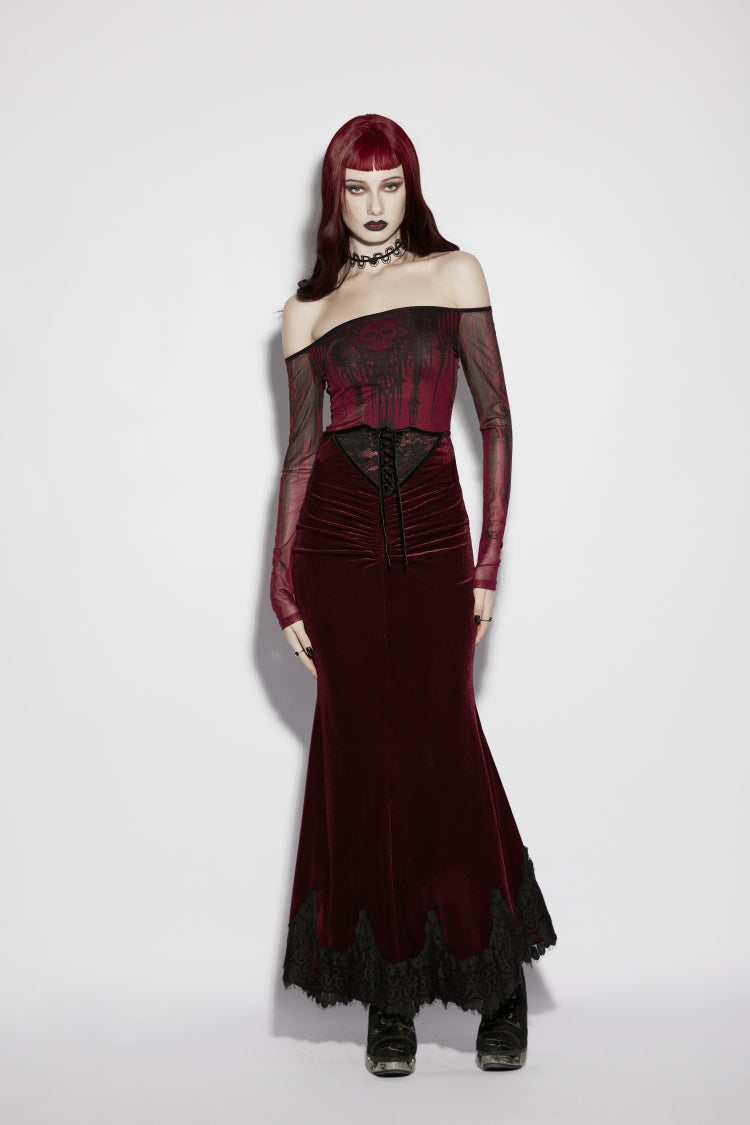 Scarlet Lace Velvet Pleated Gothic Mermaid Skirt