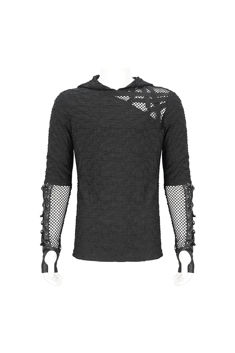 Mesh Spliced Long Sleeve Punk Hoodie for Men with Lace-Up Front