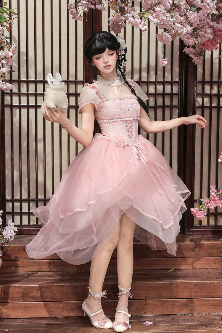 Fragrance Stand Collar Short Sleeves Multi-Layered Printed Ruffled Bow Lace Irregular Chinese Style Sweet Lolita Dress 2 Colors - Green/Pink