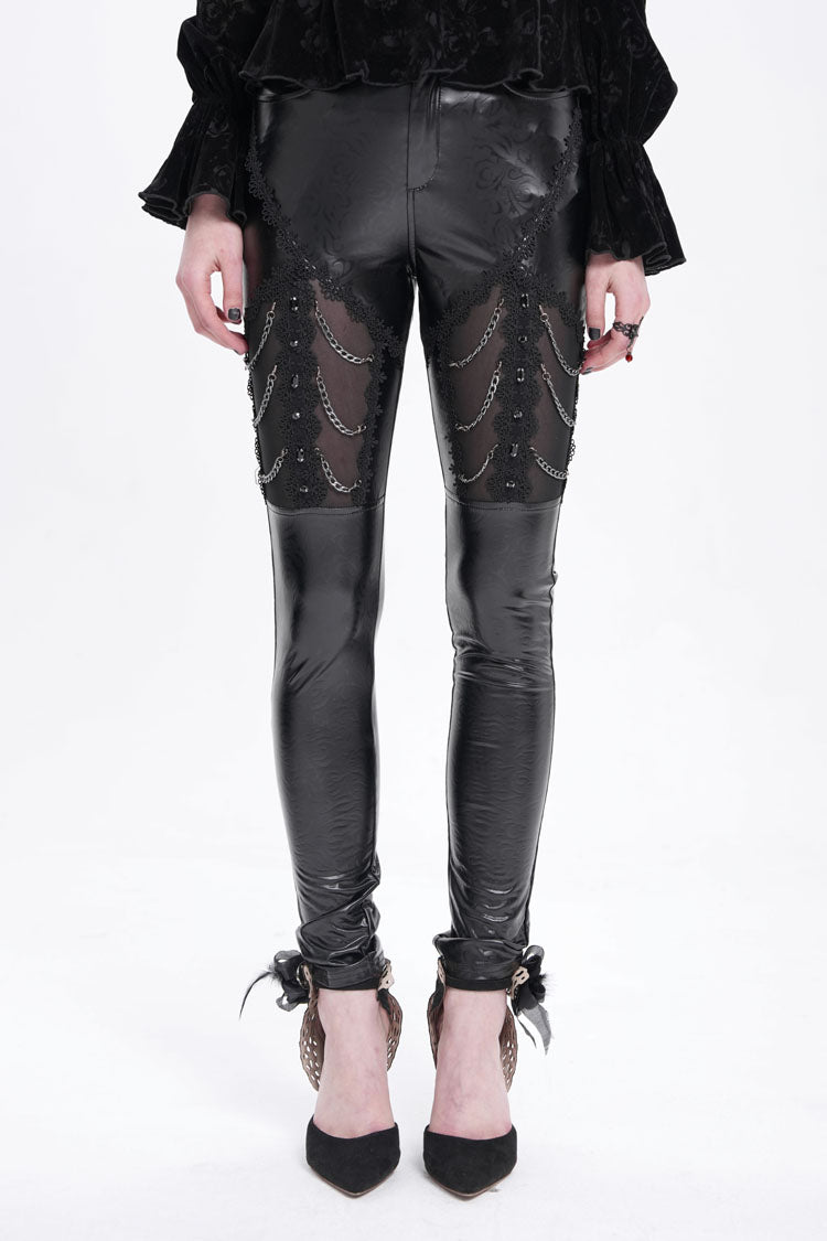 Gothic Pants with Faux Leather Stitching Lace and Chain