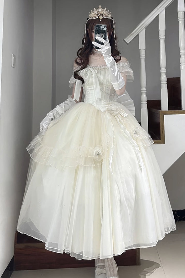 Elegant Apricot Off-Shoulder Ruffle Bow Asymmetric Princess Lolita Gown