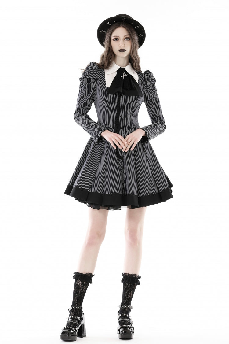 Lapel Collar Long Puff Sleeves Striped Preppy Gothic Dress