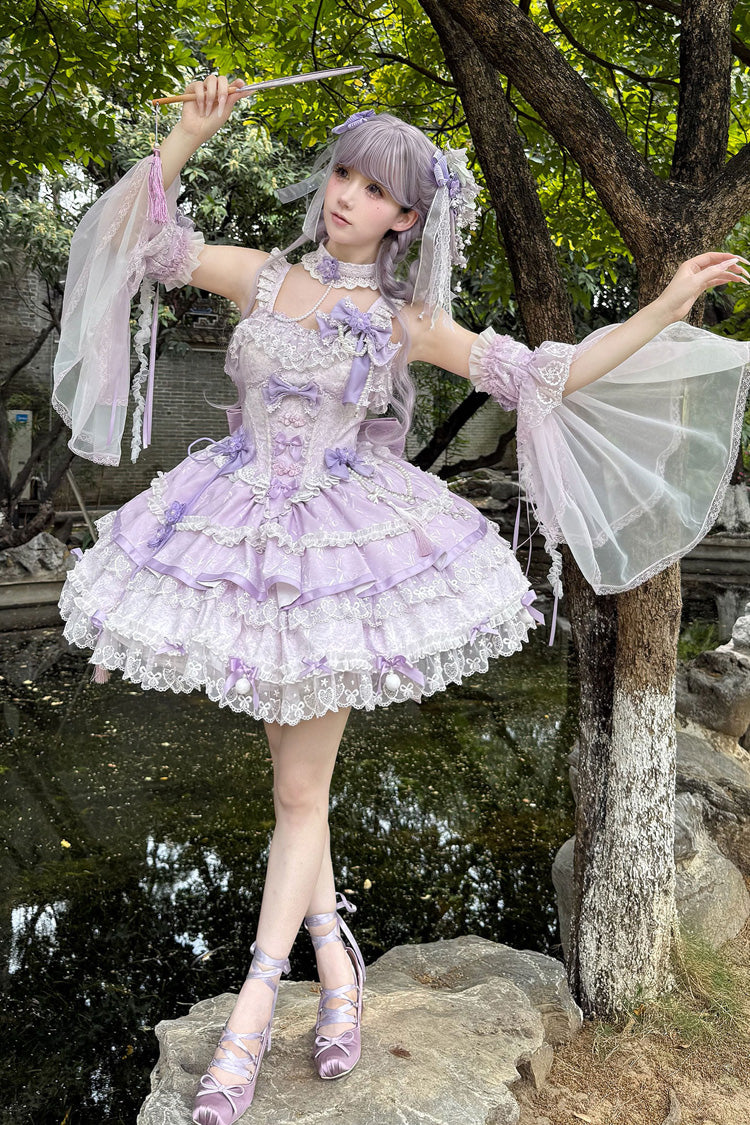 Violet Cherry Prelude Square Collar Sleeveless Jacquard Ruffled Bow Pearl Lace JSK