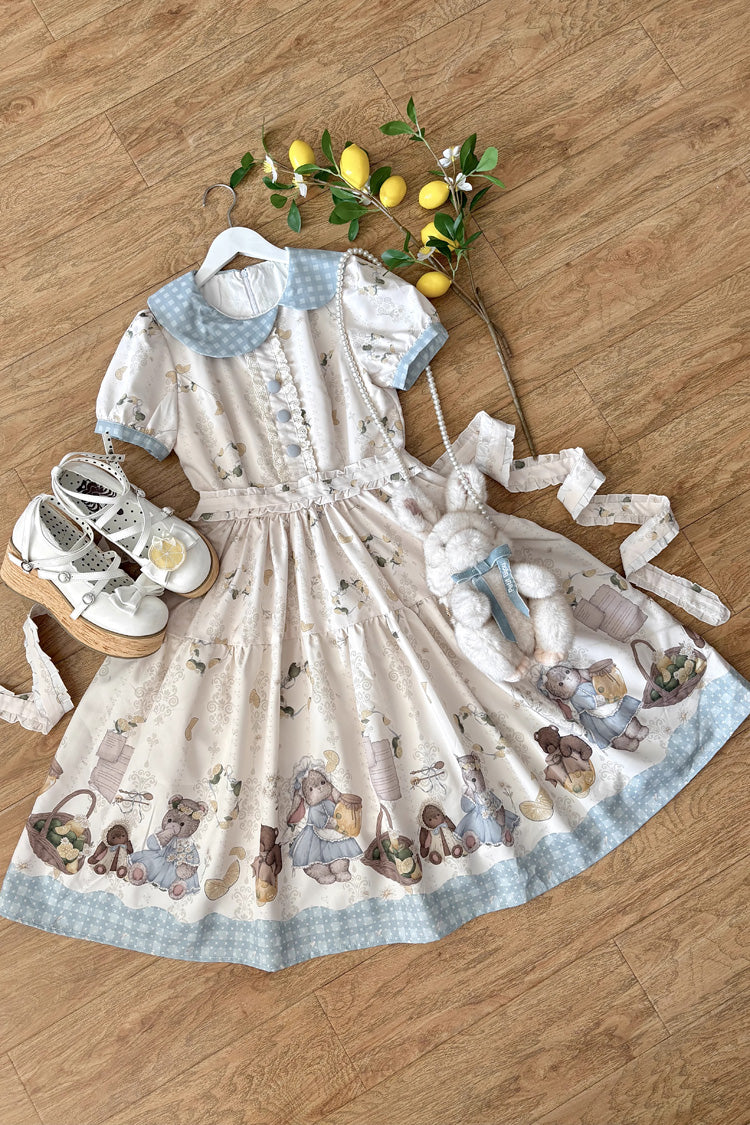 Cream Midsummer Bunny Bear Printed Bow Frilled Sweet Lolita Dress Two Variants