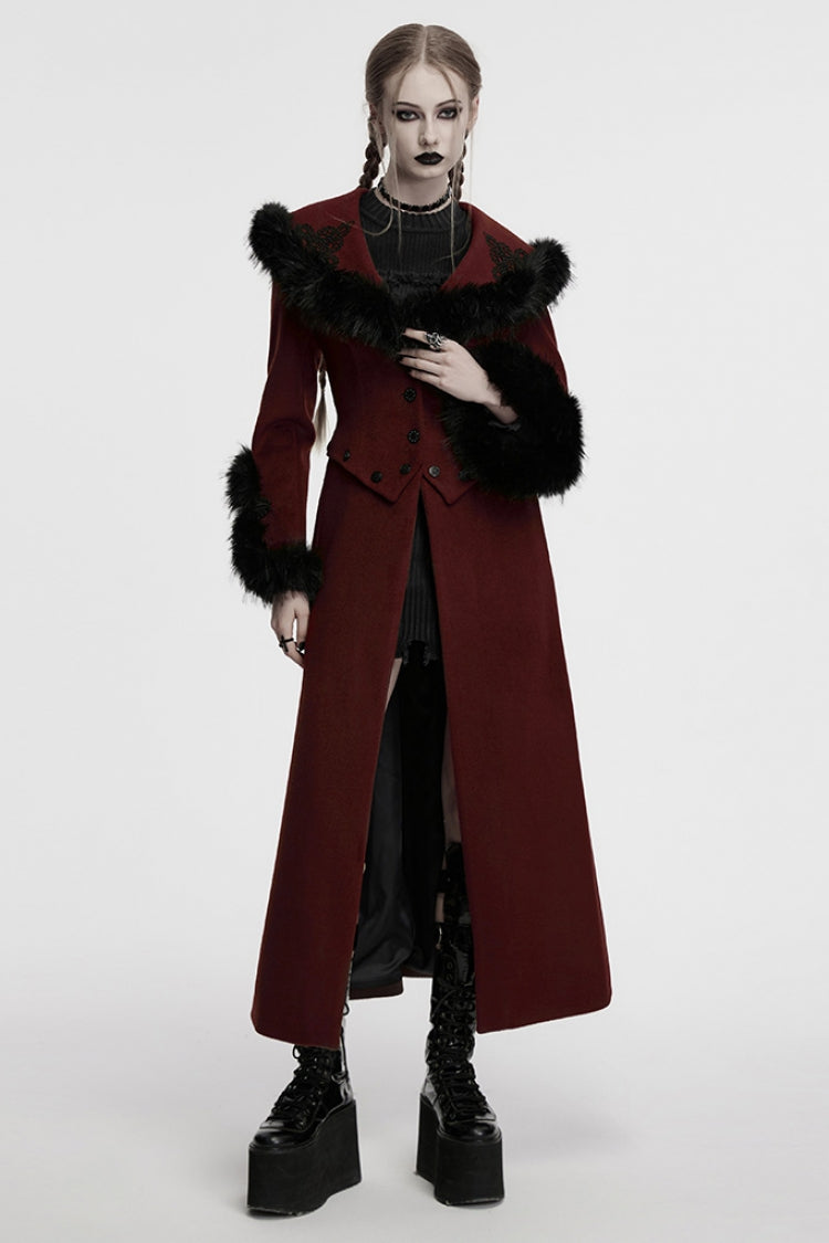 Crimson Faux Fur Lace-Up Detachable Gothic Coat