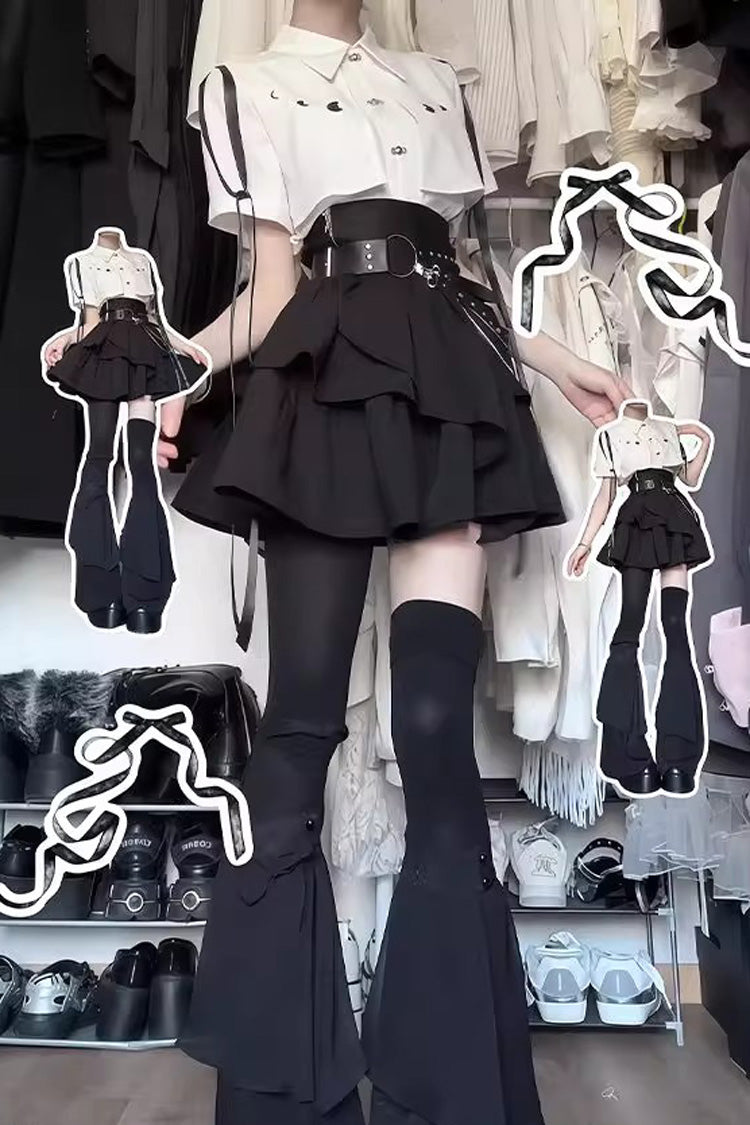 Black/White Ruffle Asymmetric Gothic Jirai Kei Skirt Blouse Set