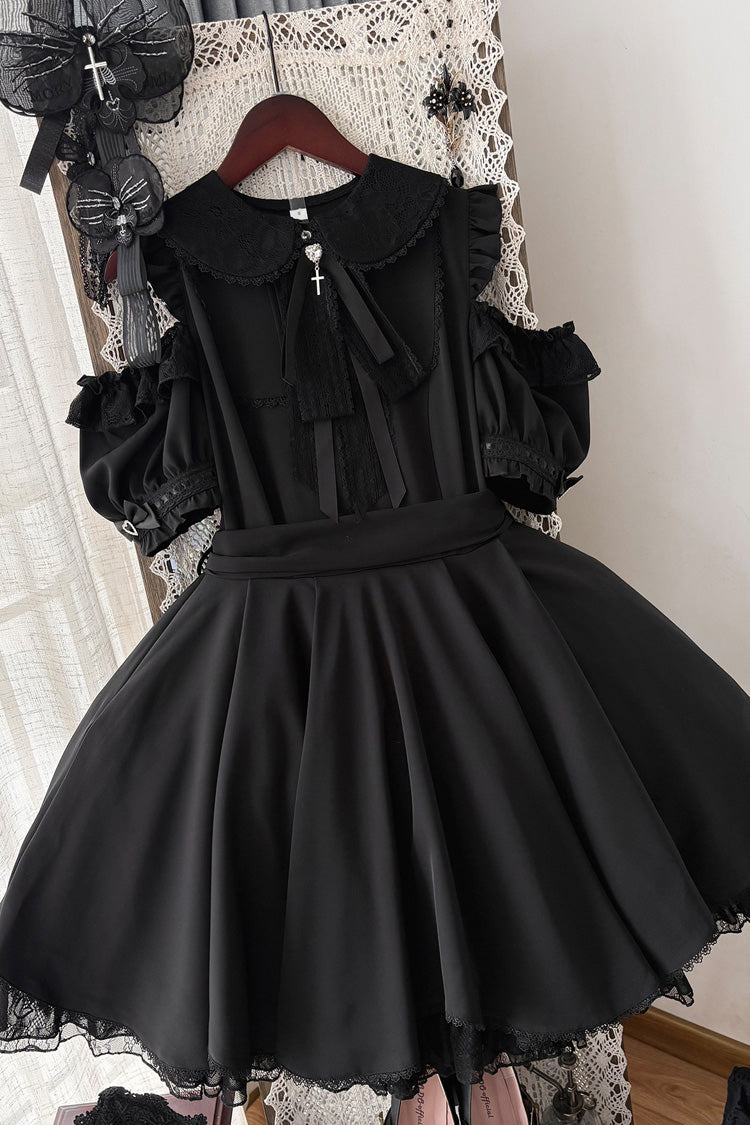 Oath Lapel Collar Off Shoulder Short Sleeves Bow Gothic Lolita Dress - Black