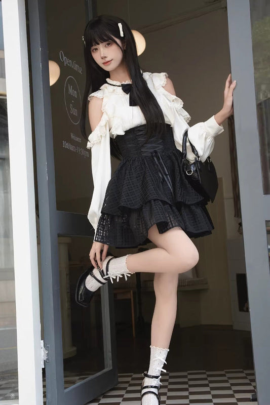 Black and White Round-Collar Cut-Out Bow Lace-Up Elegant Skirt Set