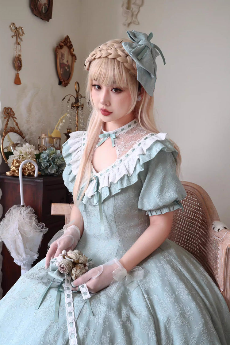 Green Short Sleeve Ruffle Bowknot Sweet Princess Dress
