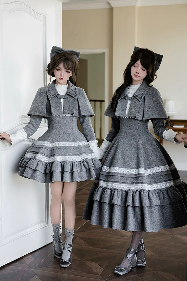 Classic Elegant Lolita Dress with Stand Collar and Ruffled Bow - Grey