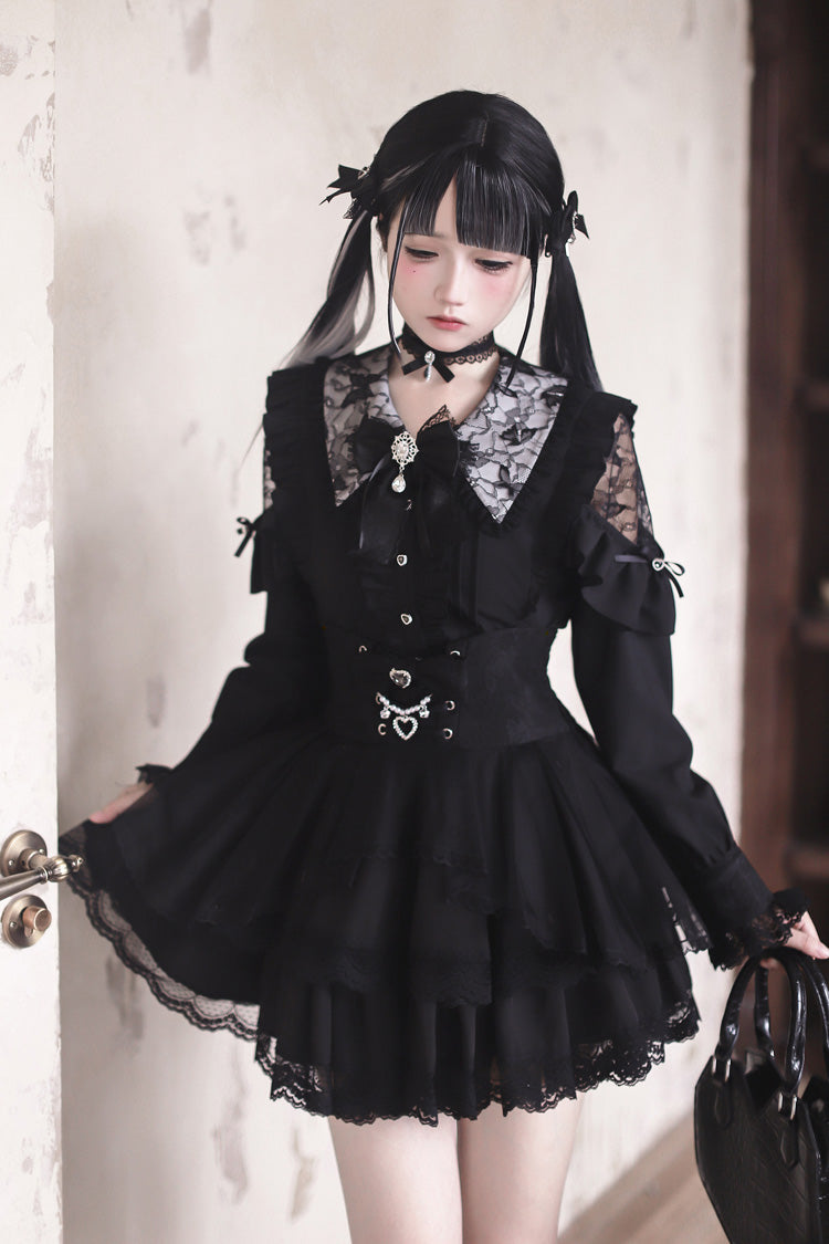 Midnight Lapel Long-Sleeve Layered Ruffled Skirt Set - Dreamy Love Ballad