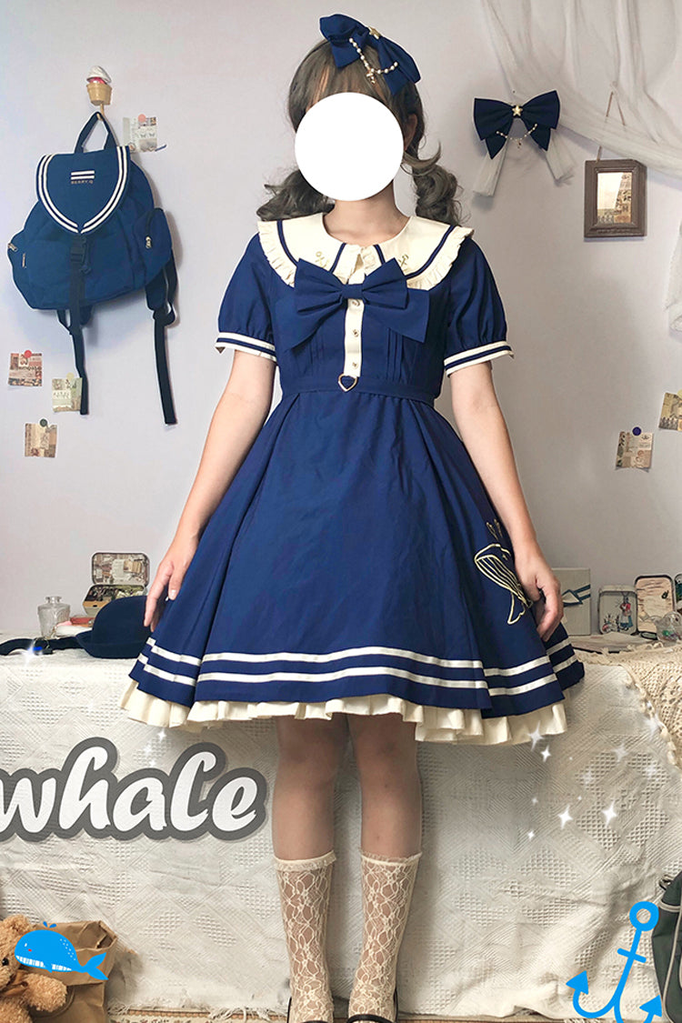 Navy Sailor Short Sleeve Sweet Lolita Dress with Whale Print