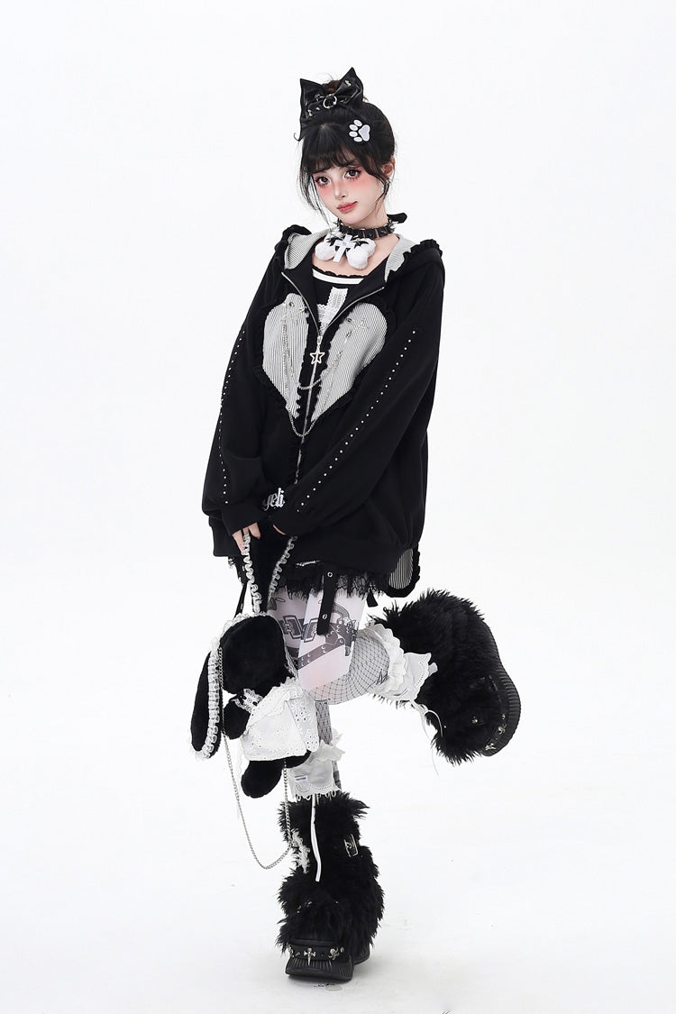 Heart Print Hooded Zipper Coat with Bunny Ears - Striped Bunny Ears