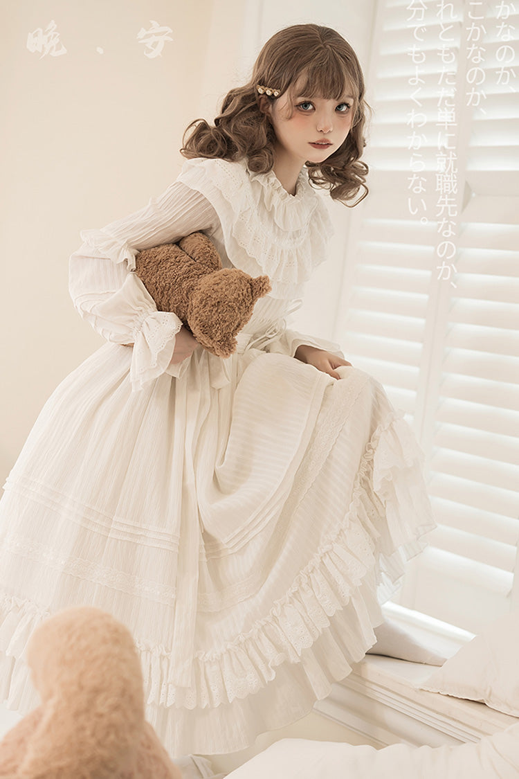 Ivory Long Sleeve Double Ruffle Bow Lace-Up Holy Dress