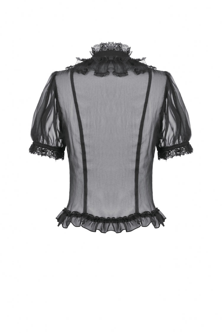 Courtly Gothic Blouse with Puff Sleeves and Lace, Black