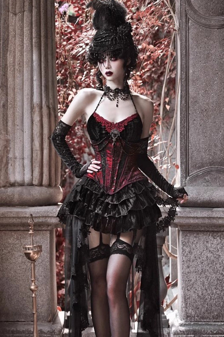 Crimson & Black Rococo Boned Bustle with Ruffled Layers