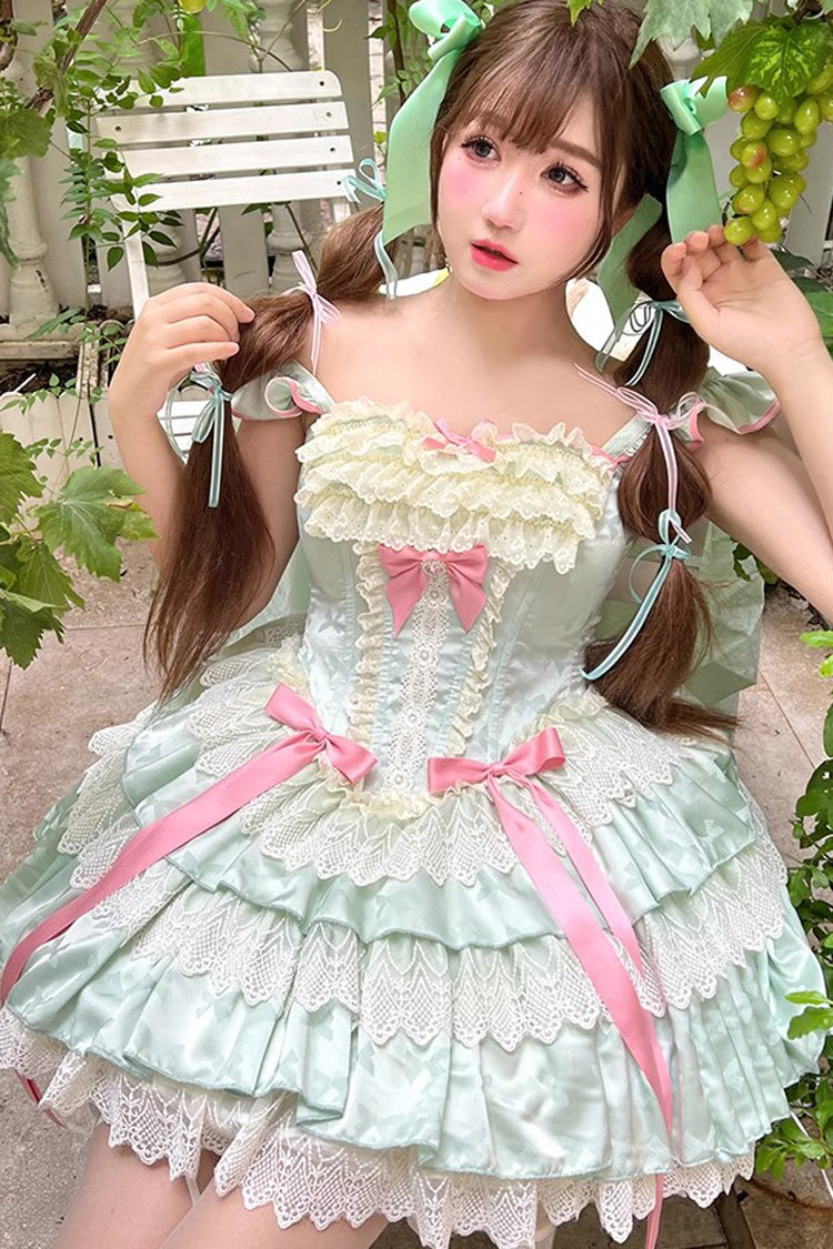 Green Multi-Layered Ruffled Bow Lace Sweet Ballet Lolita Dress
