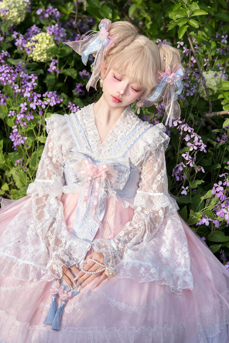 Peach Blossoms in Spring Fields Sweet Chinese Lolita JSK with Ruffles