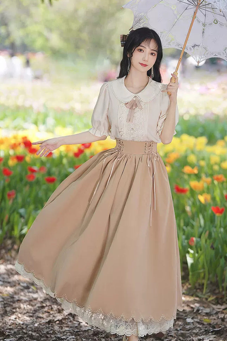 Lapel Collar Short-Sleeve High-Waisted Lace-Up Wave Hem Lolita Two-Piece Set, 7 Colors