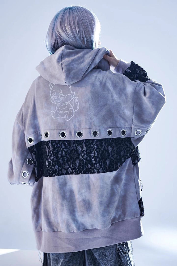 Color-Blocked Hooded Tie-Dye Zip-Up Jirai Jacket