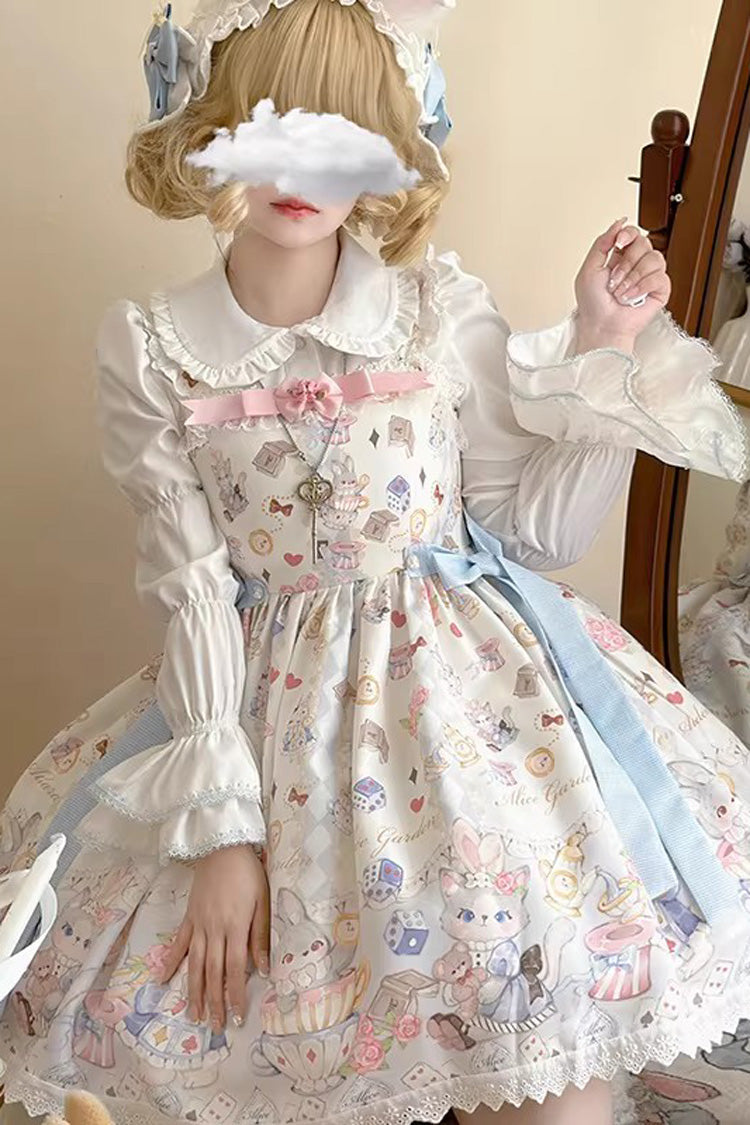 Ivory Sleeveless Print Ruffled Bow Princess Lolita Strap Set