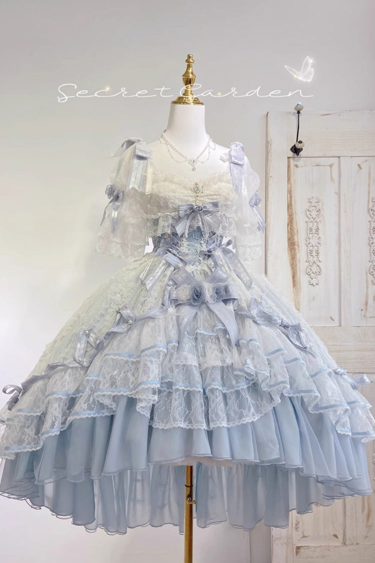 Blue Diane Rose Short Sleeve Jacquard Ruffle Cardigan Bow Lace Sweet Lolita Dress