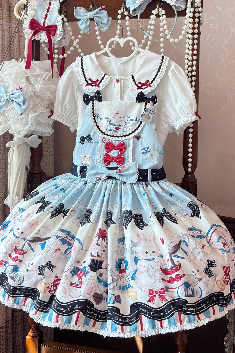 Sleeveless Print Bowknot Lace Sweet Lolita Strap Dress Blue
