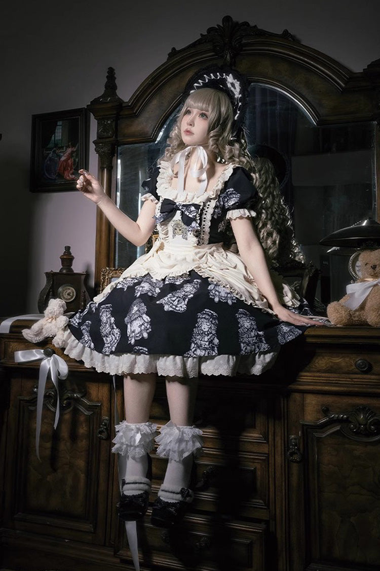 Gothic Doll Night Dress with Short Sleeves, Ruffles, and Bow