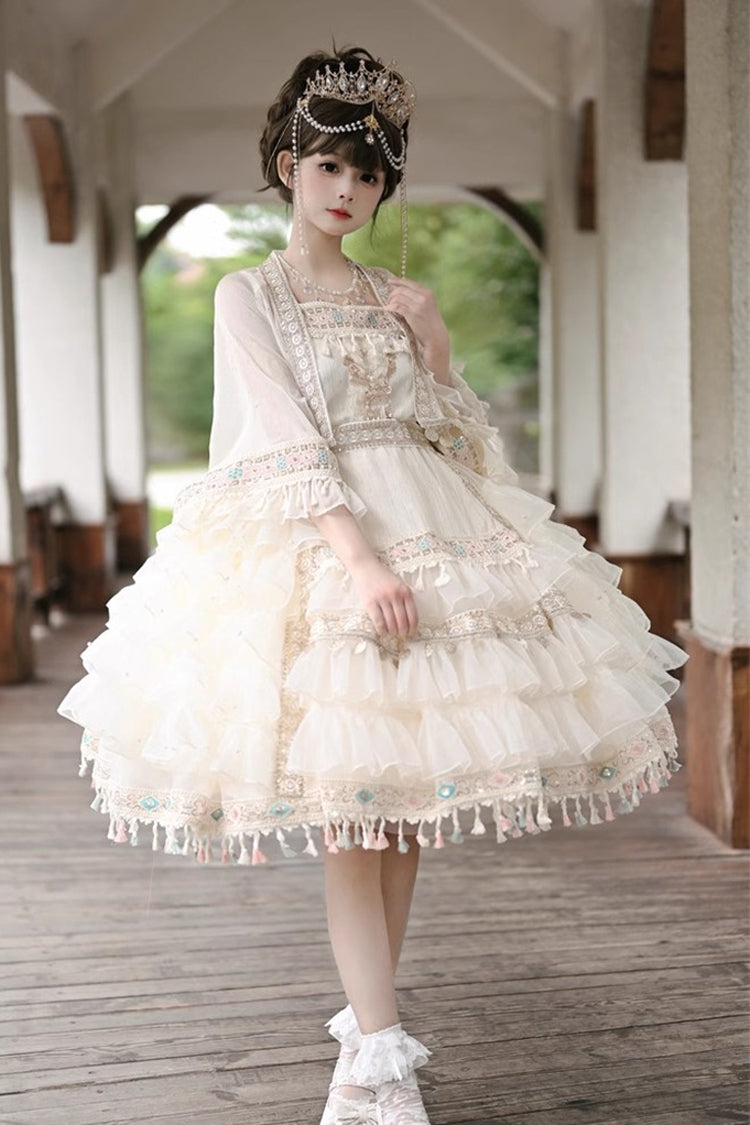 Apricot Princess Lolita Chiffon Skirt Set with Multi-Layer Ruffles and Bowknot Accents