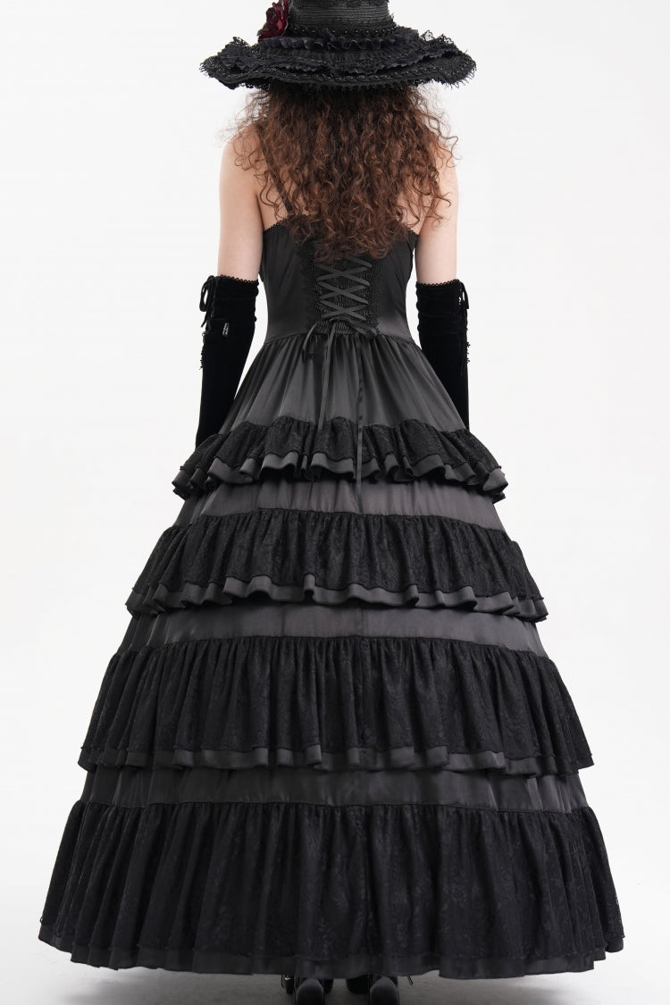 Gothic Mesh Dress with Ruffles and Lace-Up, Black