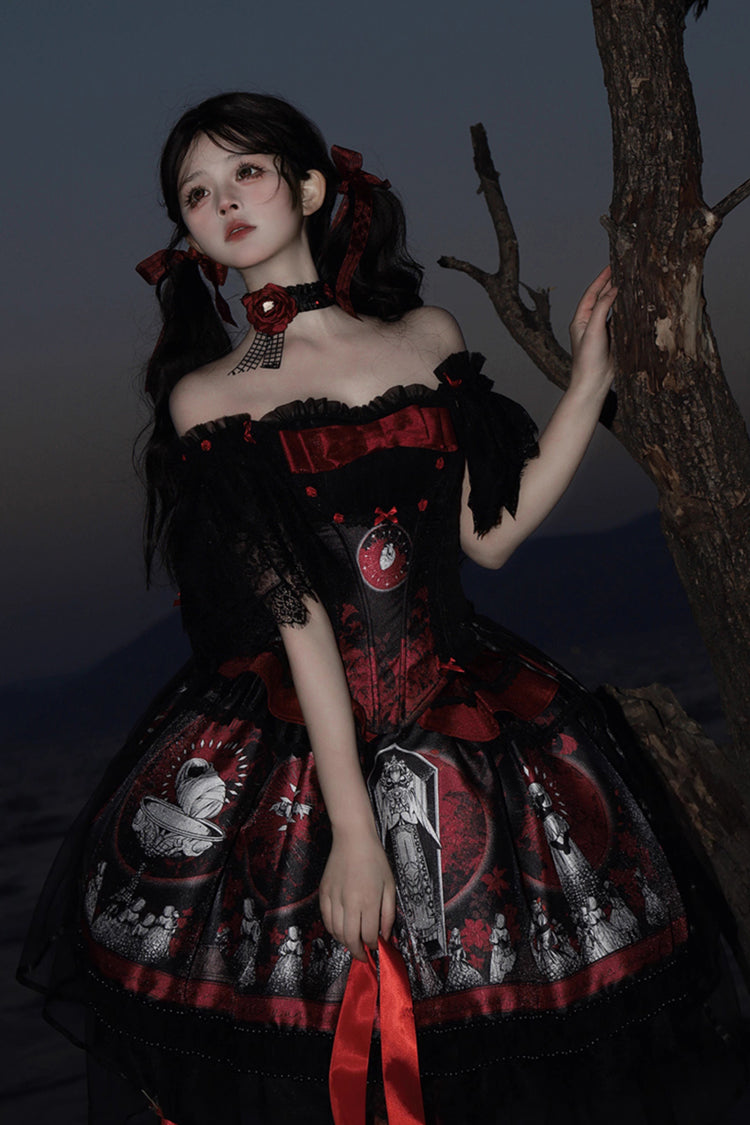Red Dark Moon Corridor Print Embroidery Gothic Lolita Dress Skirt