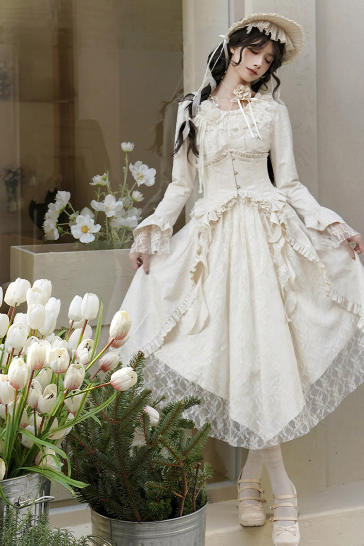 Princess Lace Dress with Ruffle Sleeves in Ivory
