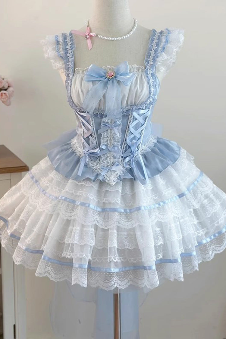 Blue Double-Layer Lace Ballet Skirt Set with Bow - Girl Love