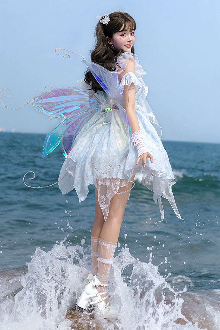 Blue Summer Bubbles Sleeveless Ruffle Embroidered Lace Irregular Short Jsk Dress