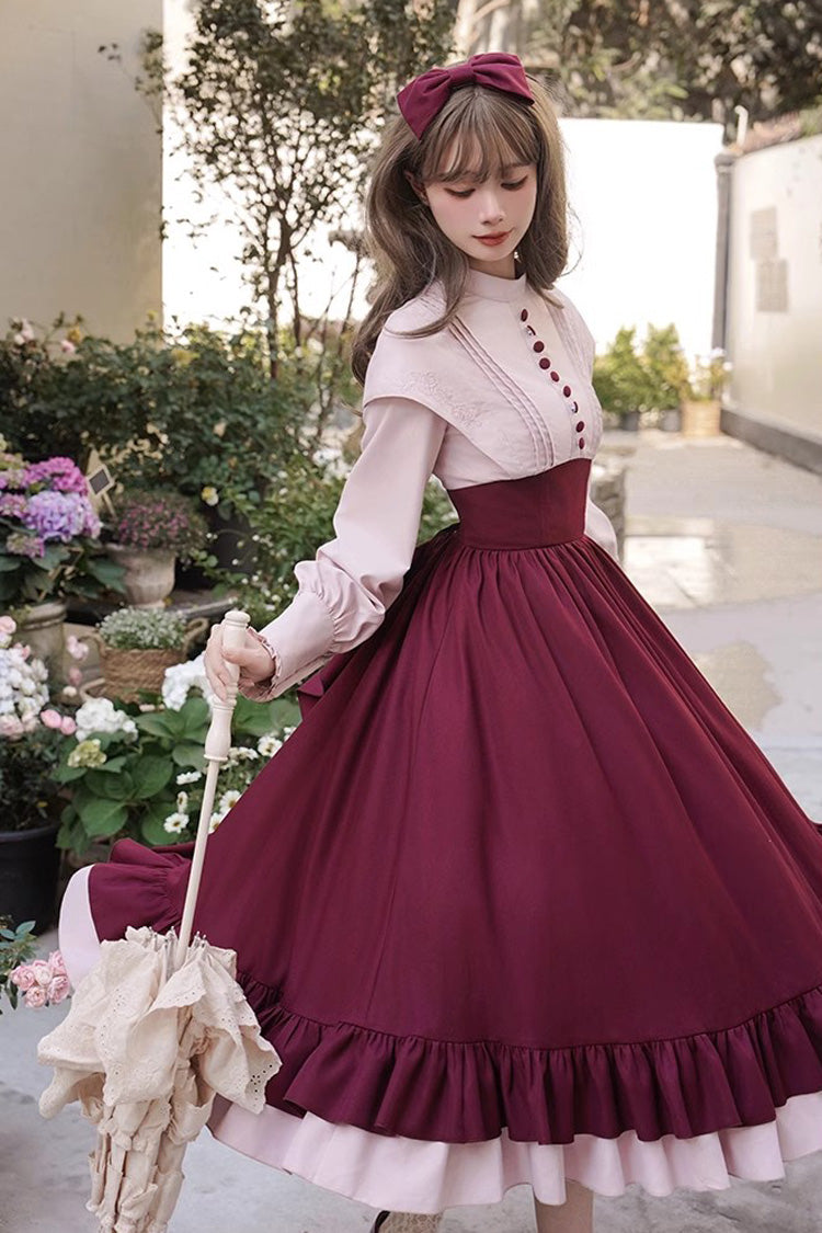 Elegant Rose-Embroidered Long-Sleeve Ruffle Bow Dress with Faux Two-Piece Style in 2 Shades