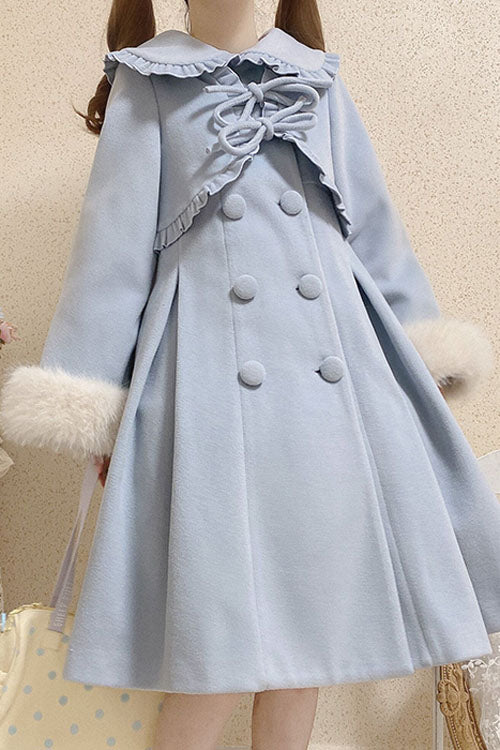 Azure Woolen Coat with Bow - Double Breasted Lolita