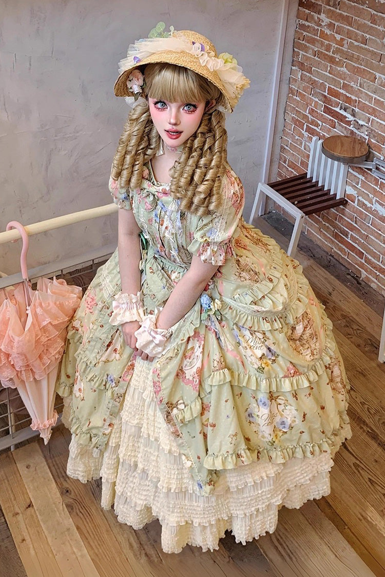 Green Short Sleeve Print Ruffle Cardigan Daily Sweet Dress