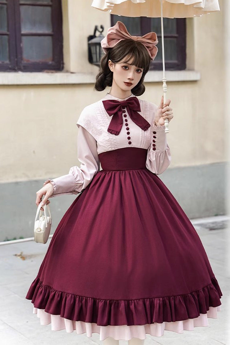 Elegant Rose-Embroidered Long-Sleeve Ruffle Bow Dress with Faux Two-Piece Style in 2 Shades
